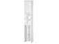 White corner shelving unit with a closed top compartment and open shelves.