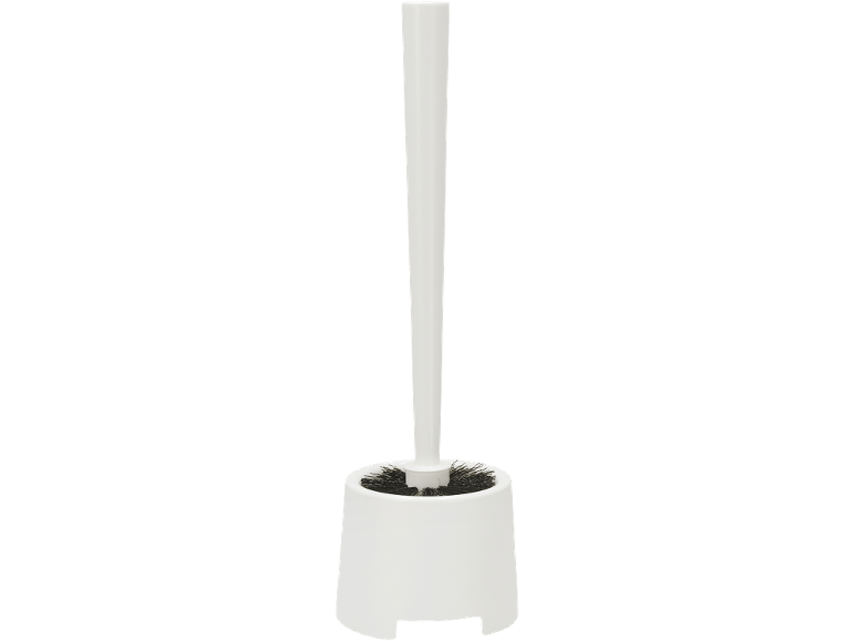 White toilet brush with black bristles and holder.