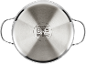 Stainless steel pot bottom with compatibility symbols for various cooktops.