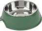 Green pet bowl with a removable stainless steel insert.