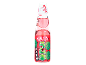 Pink soft drink with a red label featuring drawn watermelons and Japanese text.
