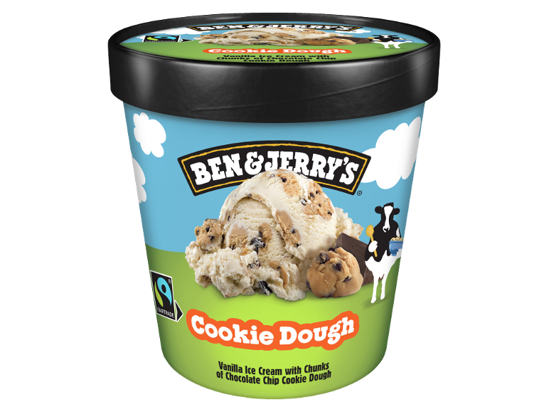 Ice cream tub with vanilla ice cream, chocolate chip cookie dough chunks, and a cow illustration.