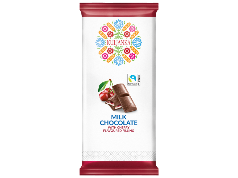 Milk chocolate bar with cherry flavored filling, featuring a traditional floral design.