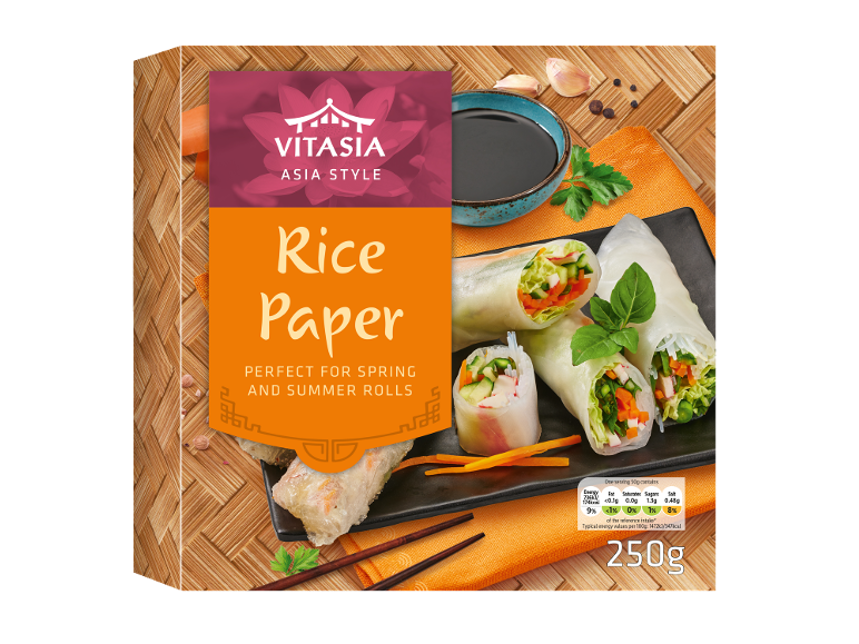 Rice paper packaging for spring and summer rolls, with nutritional information and a serving suggestion.