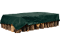 Green tarp covering firewood, secured with a rope.