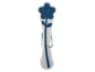 White and blue flower-shaped ice cube tray with a metal clasp.