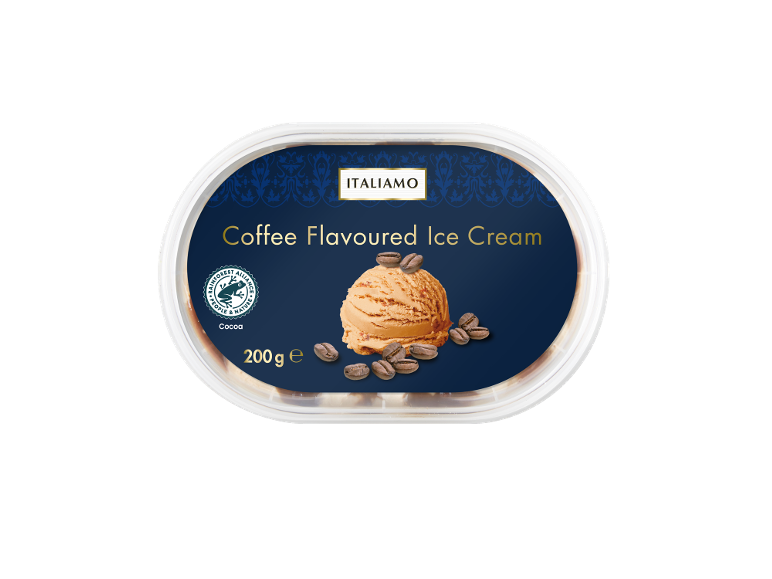 Coffee flavoured ice cream tub with a scoop of ice cream and coffee beans.