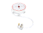White round power strip with four sockets and a red switch, with a cable and a three-pin plug.