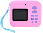 Pink children's digital camera with a blue strap and purple buttons.