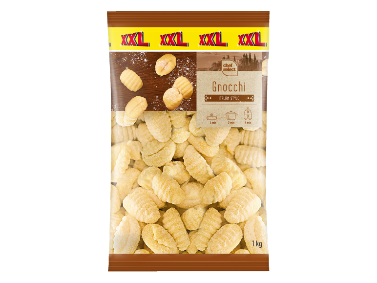 1 kg bag of Italian style gnocchi, with cooking instructions and 'XXL' indication.