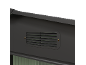 Close-up of a dark grey garden shed ventilation with louvers.