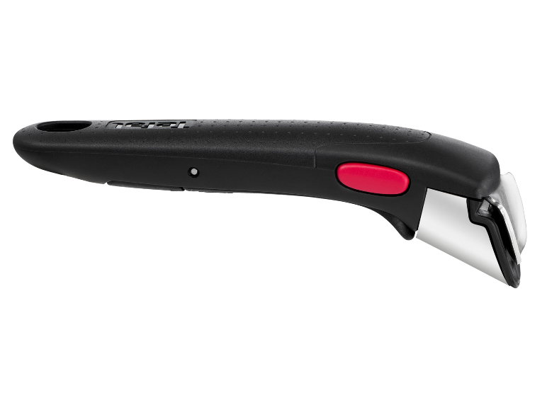 Detachable black pan handle with a red release button.
