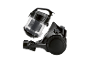 Black vacuum cleaner with a transparent dust container, separated from the base.