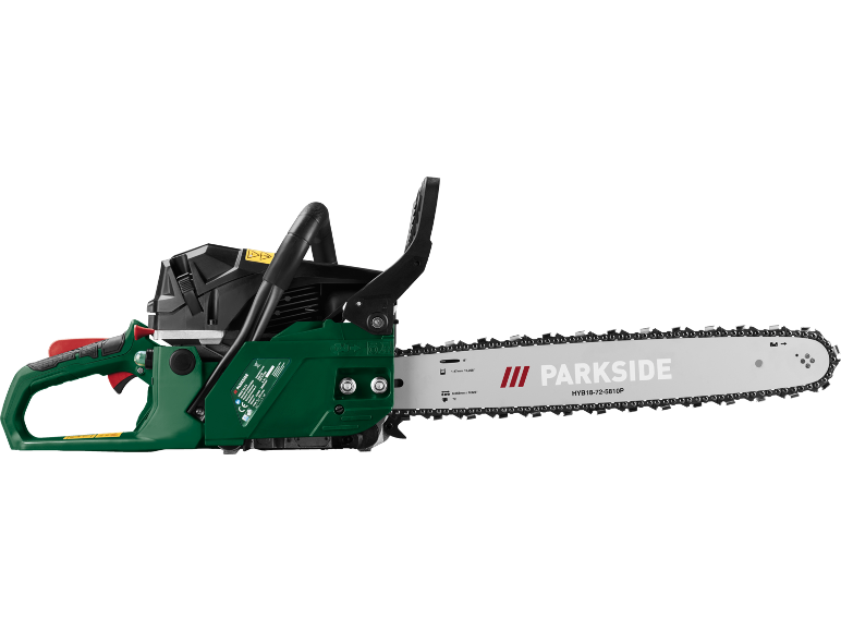 Green and black chainsaw with a silver guide bar and chain, angled view.