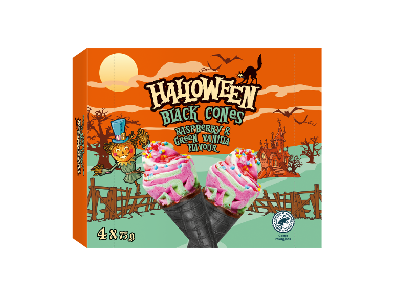 Halloween Black Cones ice cream pack with raspberry and green vanilla flavour, 4x75g.