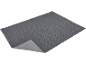 Dark grey rug with a ribbed texture and a folded edge showing the underside.