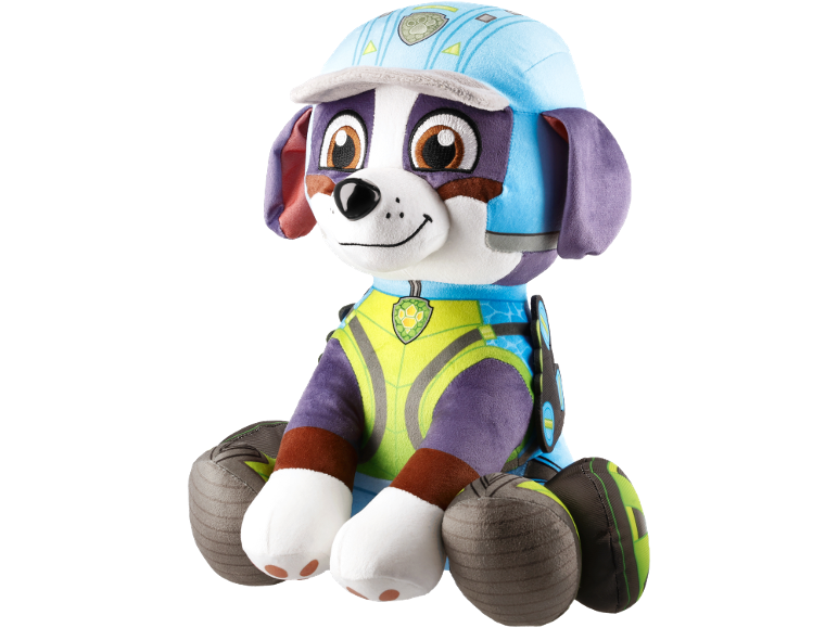 Plush toy dog with blue cap and yellow vest