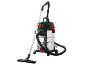Wet and dry vacuum cleaner with stainless steel tank and accessories.