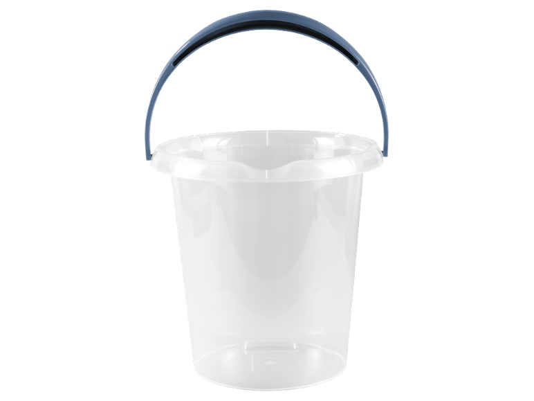 Transparent plastic bucket with a grey handle on a black background.