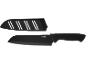Black chef's knife with a wide blade and a black protective sheath.
