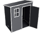 Grey garden shed with a sloped roof, white trim, and an open door.