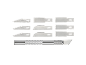 Set of 9 craft knife replacement blades and one handle, marked WWS 2, WWS 21, WWS 22.