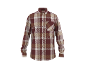 Men's long-sleeved plaid shirt in maroon, beige, and white with a chest pocket.