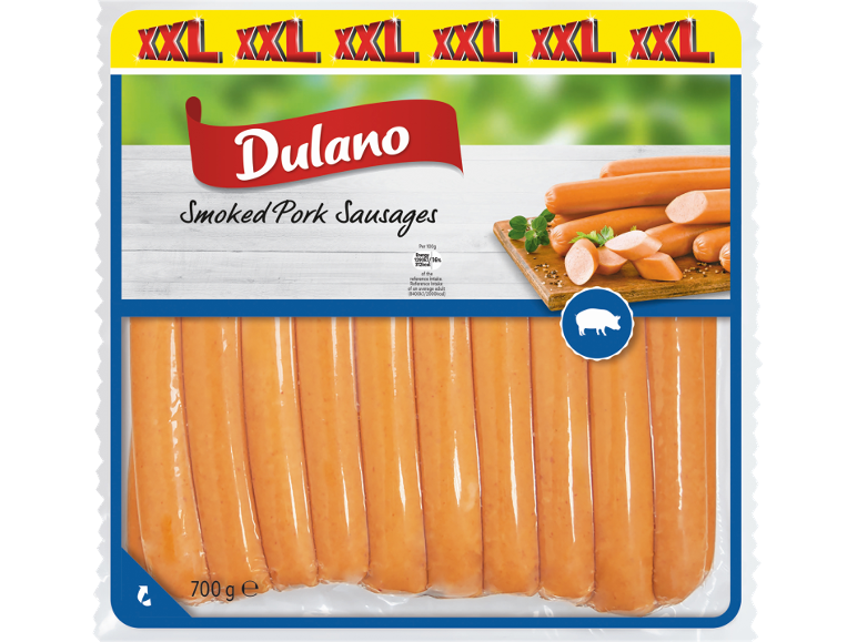 XXL pack of smoked pork sausages, with nutritional information and a weight of 700g.