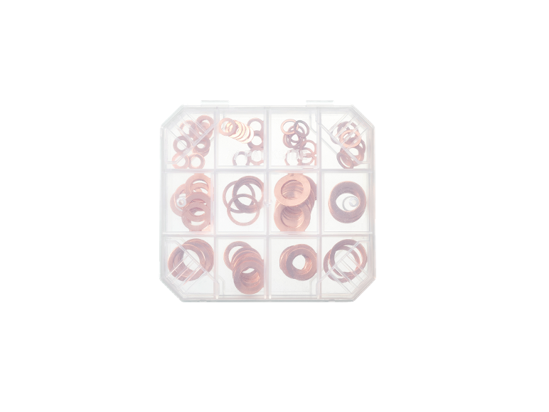 Assortment of copper washers in a clear organizer.