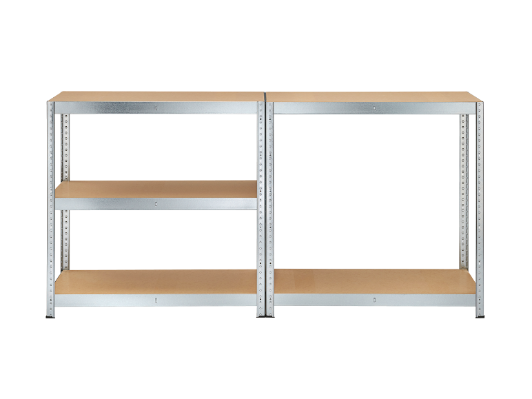 Metal shelving unit with three wooden shelves on a black background.