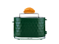 Green toaster with a bread roll on the warming rack.
