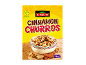 Box of cinnamon churros with a vegan logo, a bowl of churros, and cinnamon sticks.