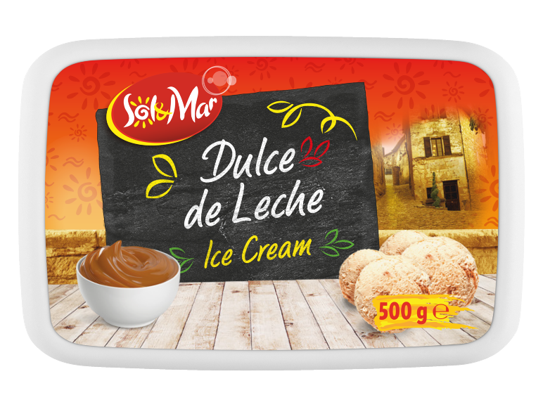 Dulce de Leche ice cream in 500g packaging, with caramel sauce and old town background.