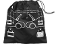 Black drawstring bag with white diagram showing how to jump-start a car.