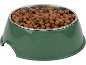 Green pet food bowl with stainless steel insert filled with dry kibble.