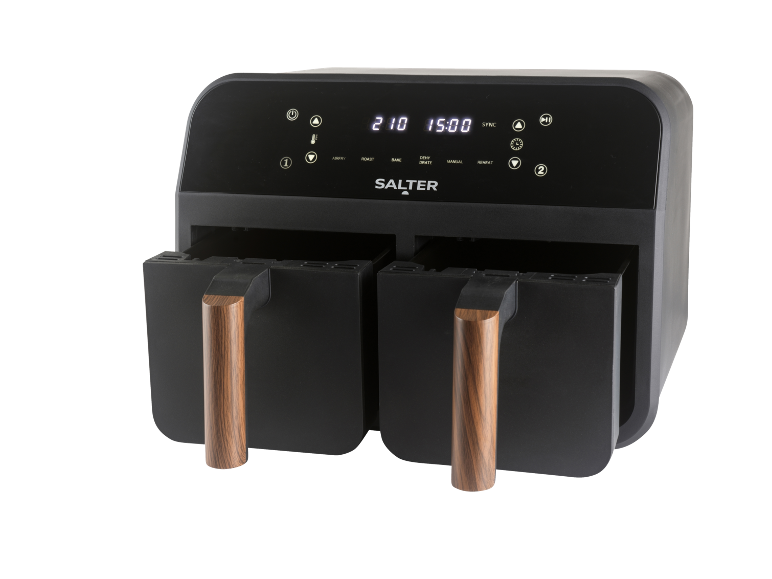 Black dual air fryer with wooden handles, digital display showing 210 and 15:00.