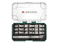 Precision knife set with various blades and a handle, presented in an open case.