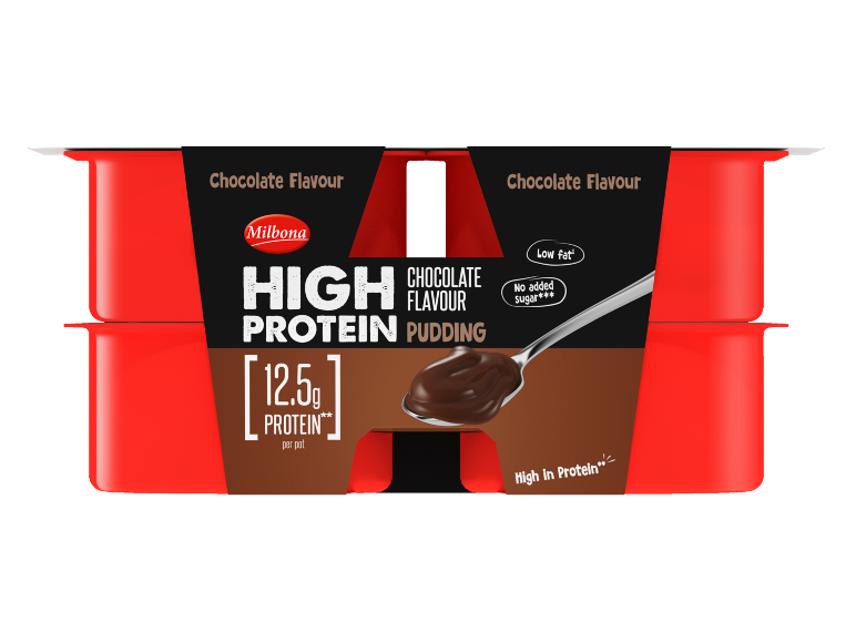 Two chocolate flavour high protein puddings, 12.5g protein per pot, low fat and no added sugar.