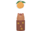 An orange sticker and a bear-shaped soap dispenser with orange motifs.