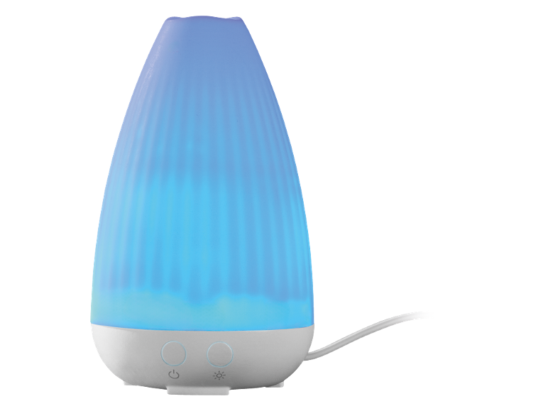 Blue illuminated essential oil diffuser with power and light buttons.