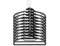 A stack of black clothes hangers with grey details and metal hooks.