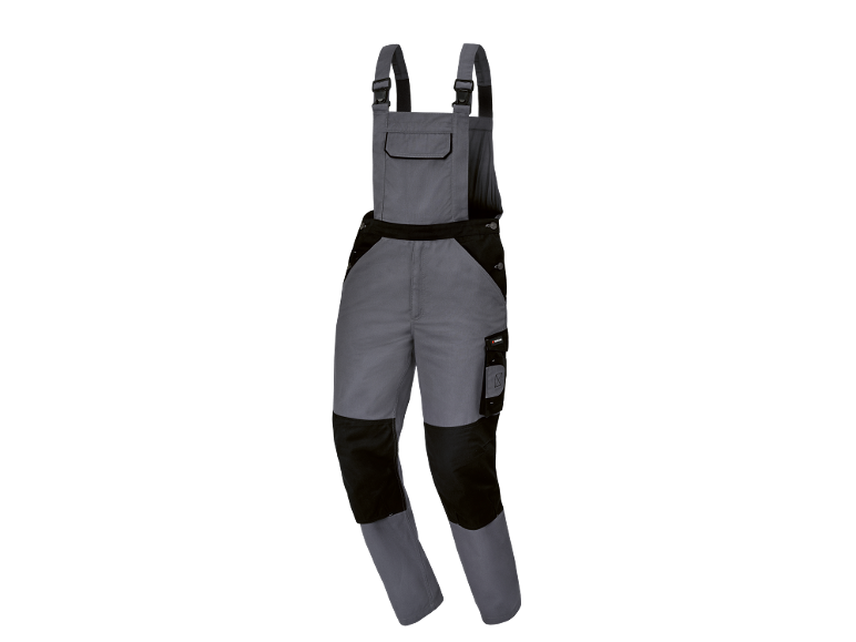 Grey work overalls with black accents and pockets