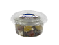 Kalamata and green olives with feta in a clear plastic container.