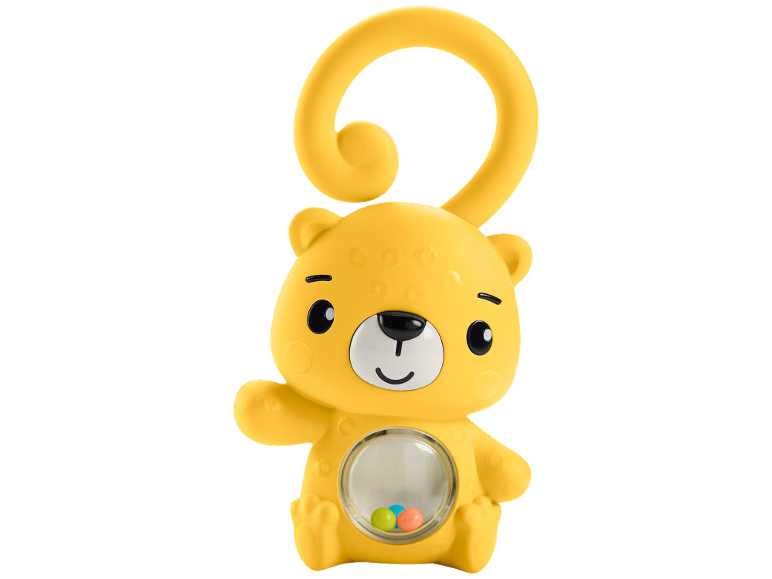 Yellow bear-shaped baby toy with a rattle and a hanging ring.