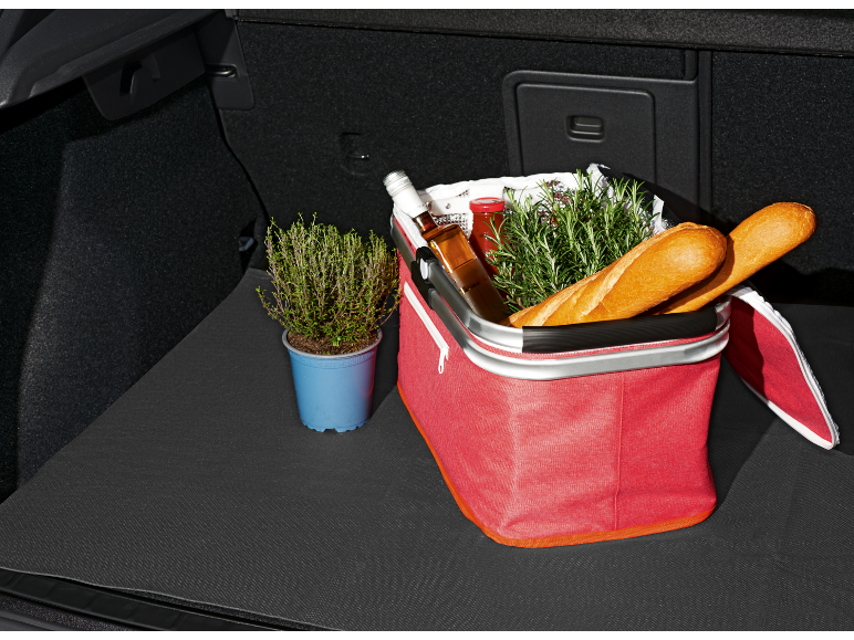 Red picnic basket with baguettes, herbs, and bottles, in a car trunk with a potted plant.