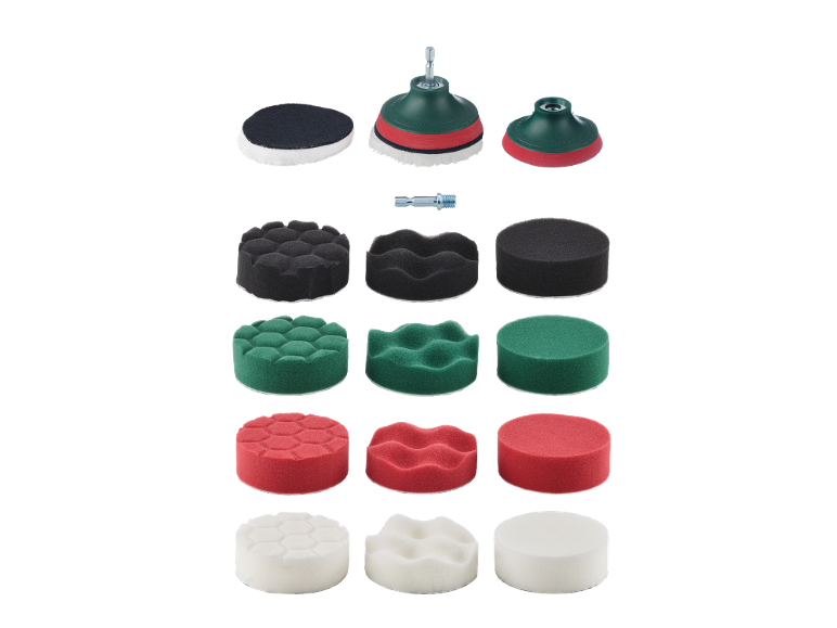 Set of polishing pads and sponges, including felt and foam discs.