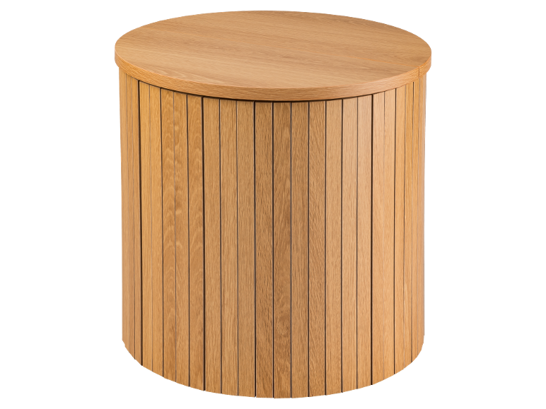 Round wooden side table with vertical slats.