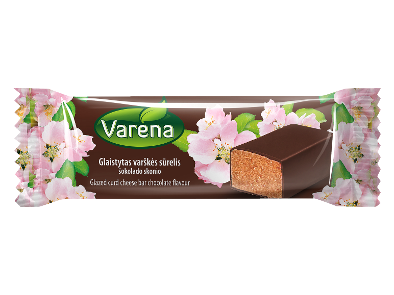 Glazed curd cheese bar chocolate flavour, with pink apple blossoms.