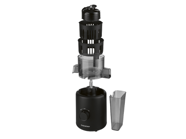 Disassembled electric juicer with transparent container and black base.