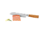 Kitchen knife with wooden handle, fresh salmon, and lemon with dill.